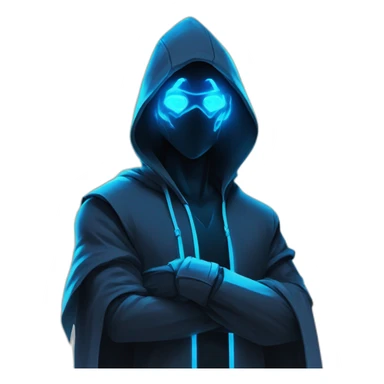 developer behind his laptop with the style of Riot Games Valorant neon blue eyes glowing bright blue Video game character blue black hooded assassin themed character shrouded wraith sticker