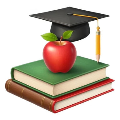 An icon featuring an open book, a chalkboard with lesson plans, and a pencil, symbolizing education and pedagogy. The design includes an apple and a graduation cap, representing teaching and learning. Transparent background highlights the growth and development in education. sticker