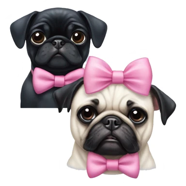 Black pug wearing a pink bow on head with a fully white pug with white ears wearing a blue bow tie sticker