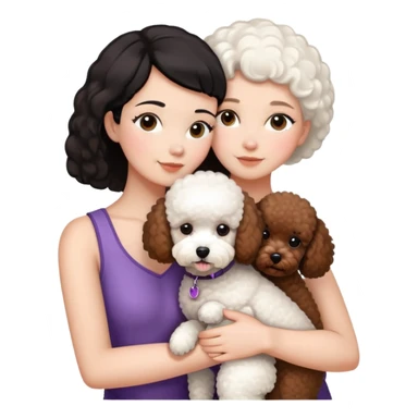 Woman with short black straight hair hugging a brown poodle and a white bichon frise sticker