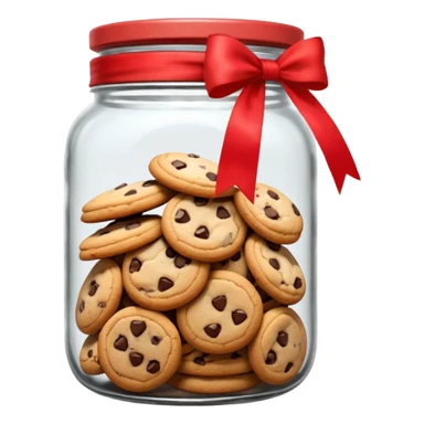 A chewy chocolate chip cozy cookie in an organized jar, saying "Cookie Jar" with some small illustrations on the jar to indicate there are cookies stored inside, a big red ribbonon the lid sticker