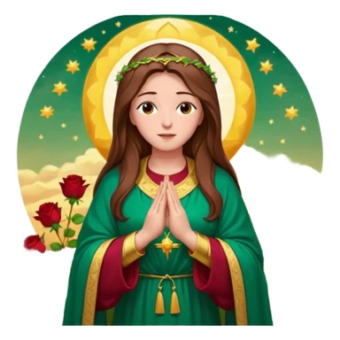 fullbody Virgin Mary front view kind face long brown hair emerald green robe with gold stars burgundy red dress hands in prayer halo standing in front of a big sun colorful roses on the sides sticker