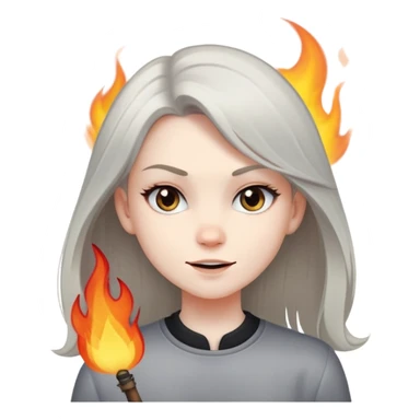 girl with a mischievous smirk standing in the foreground, while small flames or smoke rise in the background. The character has straight hair and a confident expression. sticker