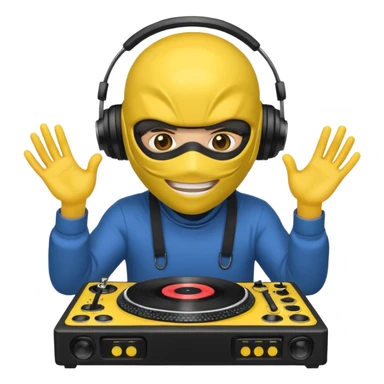 Make a customized yellow head emoji with hands and holding a dj turn table  in a ninja face mask sticker