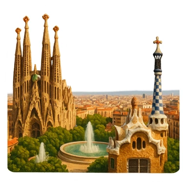 cinematic realistic emoji of Barcelona skyline featuring iconic landmarks Sagrada Familia, Park Güell, Magic Fountain, lifelike detail, accurate colors, bright lighting, wide city view, no sky, fully transparent background sticker