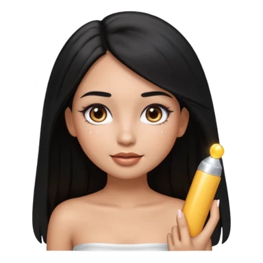 pretty cartoon girl, semi-realistic 3D emoji style, long middle parted straight black hair, tan skin, brown eyes, long eyelashes, soft glam makeup, glossy lips, smooth skin, cute aesthetic, sparkles in hair, white tube top sticker