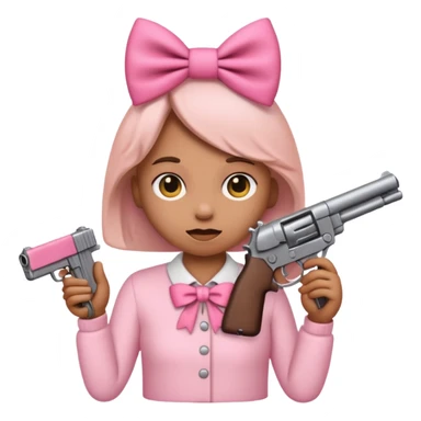 Shy emoji with pink bows holding a gun sticker