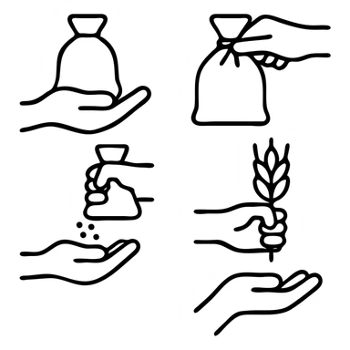 Hand Gestures Icons. Gestures icons in outline style: hand lifting sack, hand tying sack, hand pouring grains, hand holding wheat bundle, hand sticker