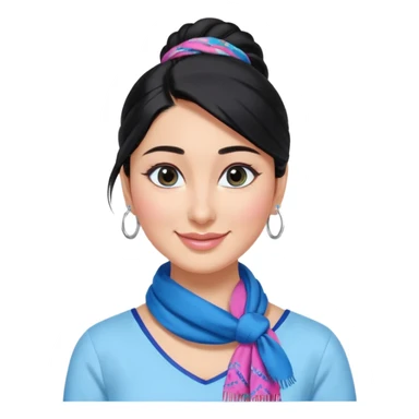 generate a pretty bratz emoji 
Make her wear a white shirt with a colorful blue-pink scarf wrapped around her neck. smiling big. Black hair tied into a side part ponytail, silver hoops and no necklace

She should look exactly  like Kareena Kapoor. kajal under eyes sticker