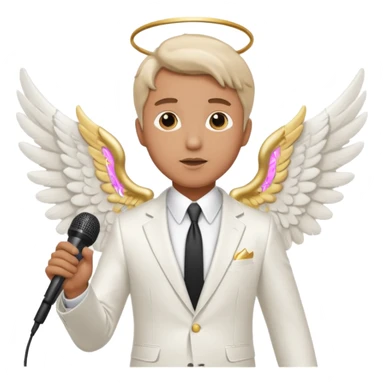 Man wearing white suit, with angel wings, holding a microphone sticker