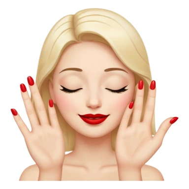 A smiling face with closed eyes forming upward curved lines, visible eyelashes, pursed lips with red lipstick, and a hand showing only the thumb out with all other fingers closed against the palm, painted nails sticker