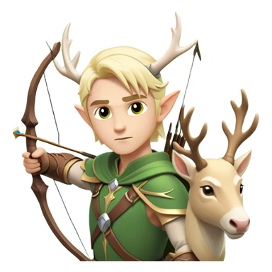 clash-of-clans-aesthetic-blond-male elf-archer-portrait-emoji, rendered in a flat, vector-style with minimal shading and bold holding his bow, simplified shapes, head tilted slightly forward with a determined, focused expression, riding a majestic white stag whose antlers glow with mystical energy, set against an ancient, enchanted forest backdrop. sticker