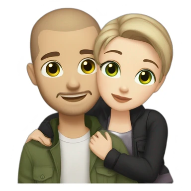 white skin Boyfriend with a light brown buzzcut and green eyes and medium length dark brown hair girlfriend with black eyes hugging sticker