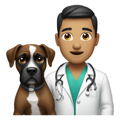 Young Mexican doctor with big black boxer dog with white face sticker