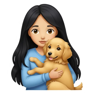 A girl with long black  hair tightly hugged a Golden Retriever sticker