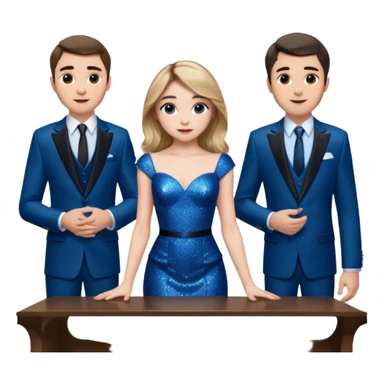 Sabrina carpenter in a blue sparkly dress at a table with 3 handsome men, and she is standing up reaching over  sticker
