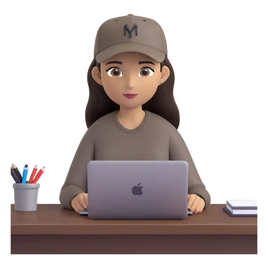 A professional 3D avatar of a young woman with olive skin and long, dark brown hair, wearing a dark, long-sleeved dark taupe shirt and a black baseball cap. She's sitting at a sleek wooden desk, typing on a silver MacBook. sticker