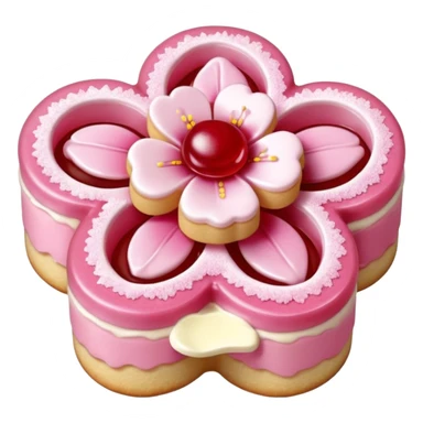 Realistic shortbread cookie in the shape of a cherry blossom with pale pink color jelly middle filling and sprinkled powder sugar on top. sticker