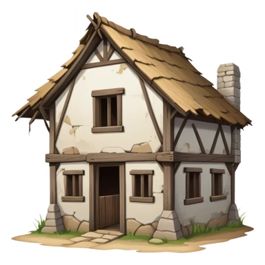 a dilapidated one-story medieval shack. The building has no windows. sticker