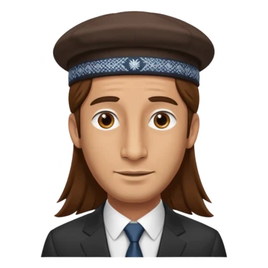 Man with a long nose wearing a suit and kippah, he has long brown hair with a payot sticker