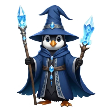 A mysterious penguin mage with sleek midnight-blue feathers, wearing a flowing black robe adorned with silver runes. A tall, pointed wizard hat sits slightly tilted on his head, the brim casting a shadow over his glowing icy-blue eyes. His flipper clutches an ancient wooden staff topped with a swirling crystal, radiating a soft, cold light. Snowflakes drift around him as he stands on a frozen cliff, his aura crackling with arcane energy, ready to summon a blizzard with a flick of his staff. sticker