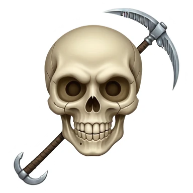 A laughing skull with a scythe crossed behind it, one eye socket winking. Clean, stylized lines, flat vector. Medieval woodcut style. Black and white with one accent color (tarnished silver). No background. sticker