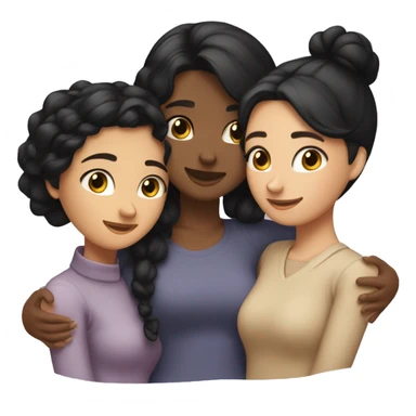 Three friends girl friends !  hugging each other warmly. One friend has fair skin and straight black hair, another has dark skin with black hair styled in a low bun, and the third has tan skin with wavy black hair.” sticker