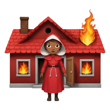handmaids tale style woman burning house down walking away from house. shes wearing the nun hands maid tale hat cant see her face with brown hair shes wearing the red handmaids tale costume with white bonnet. walking away from the house sticker