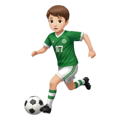 Celtic footballer jersey logo  6 years old brown hair white boy , brown eyes , stripes uniform , RUNNING  with soccer ball is number  17 celtic football logo  ONE CELTIC LOGO ONLY white shorts sticker