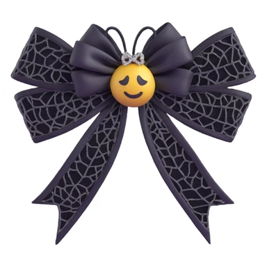 3D emoji gothic bow, white satin, black lace trim, silver spiderweb brooch sticker