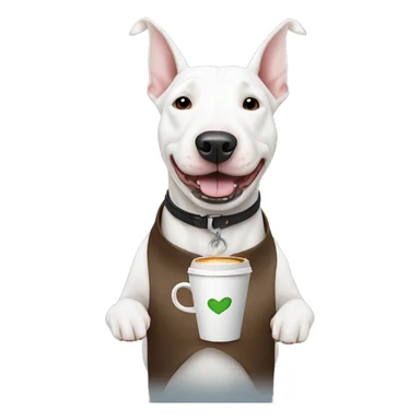 White bull terrier dog holding a coffee sticker