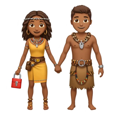 A happy tribal man holding hands with a happy tribal woman wearing a belt with a padlock sticker