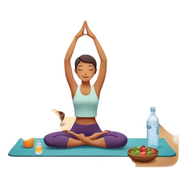 A person moves through a gentle yoga pose in the morning sun, one hand reaching up, the other near a plate of vibrant whole foods and a bottle of water. A cozy bed sits behind them, glowing softly. Nearby, a small group of friends laughs together under a tree—health, movement, nourishment, rest,  sticker