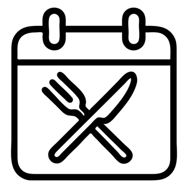 minimalistic bold black-and-white icon, square, flat, no gradients, modern calendar outline with a fork and knife forming an X inside, clean geometric lines, inspired by Netflix and Lifesum, vector style, suitable for dark and light mode sticker