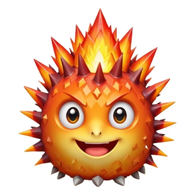 spiky mineral rock characterA single spiky crystal rock character, compact and round with many chunky flame-like spikes, glowing red–orange–yellow gradient like fire, faceted crystal texture, cute face with big shiny eyes and excited smile,

 sticker