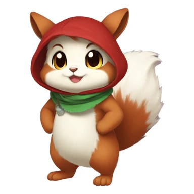 Cute, Chibi, chubby, fluffy, Kemono-style, Anthro, Fur-Sona, Dark-Red, Squirrel-Rabbit-hybrid-Fakémon, with a green bandana, full body sticker
