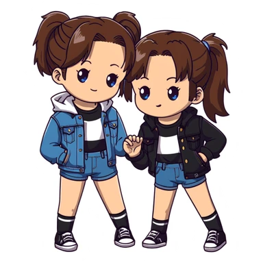 Two anime girls who are best friends, both with brown shoulder length hair. First girl has blue-green eyes, wearing black and white striped t-shirt, denim jacket, and denim shorts. Second girl has brown eyes, wearing denim overalls, with hair in a ponytail secured by a claw clip. sticker