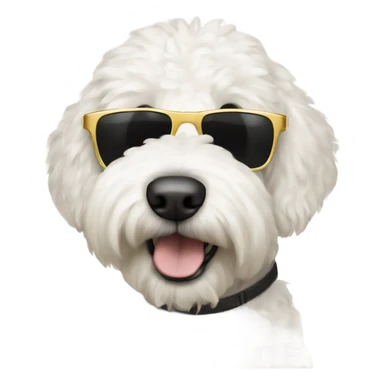 White golden doodle with sunglasses and a smirk sticker