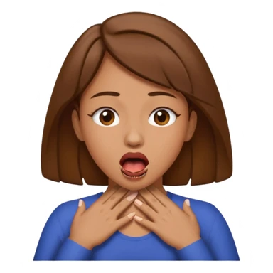 the woman emoji with brown hair and tan skin choking herself out with both hands on her neck with her mouth open sticker