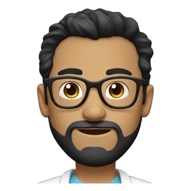male doctor with full short beard, has black hair in a ponytail and wears black glasses sticker