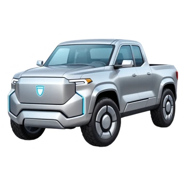 A futuristic electric pickup truck emoji, silver chrome body, angular cyber design, smooth metallic panels, subtle reflections, minimalistic proportions, iOS emoji style, centered composition, clean white background, soft lighting sticker