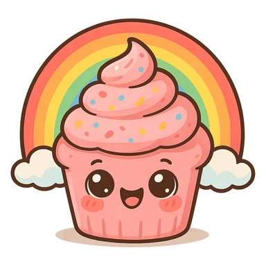 a cute pink cupcake with a rainbow, original design, big eyes, blushing cheeks, joyful sticker