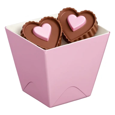 Two sharp-edged square milk chocolate pralines placed diagonally, each in a white fluted paper candy cup, with smooth glossy coating.
Flat thin pastel pink heart icing centered on top with subtle sugar crystal sparkle, clean studio lighting, pure white background, realistic minimal emoji-style. sticker