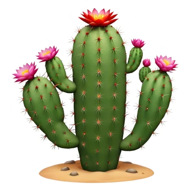 Cinematic Realistic Cactus Emoji, Tall and spiny, with thick, rounded stems covered in sharp spines. Bright flowers bloom at the tips of some branches, adding a pop of color against the desert backdrop. Soft glowing outline, capturing the essence of strength, survival, and desert beauty in a striking cactus! sticker