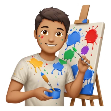 male artist painting at a canvas, smiling sticker