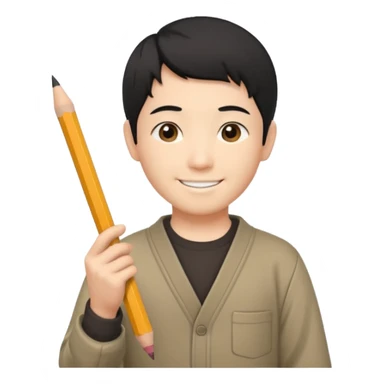 A Japanese male character with short hair, smiling, holding a pencil in his hand. sticker