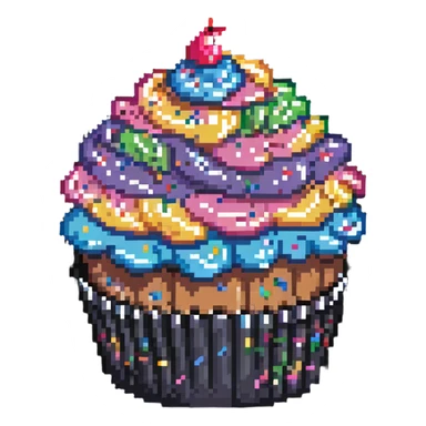 large cupcake with pink frosting covered in rainbow sprinkles in pixel art style sticker