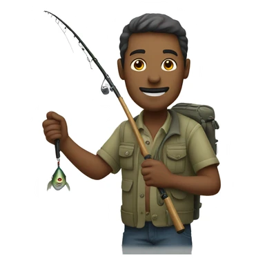 man holding fishing rod hooked with fish sticker