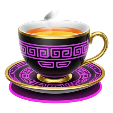  Unrealistic cyberpunk neon colprs, expensive tea cup with black and 14k gold pattern print sticker