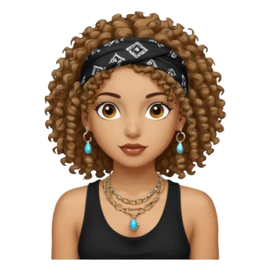 Baddie girl with black  tank top curly hairss and bandana and jwellery sticker